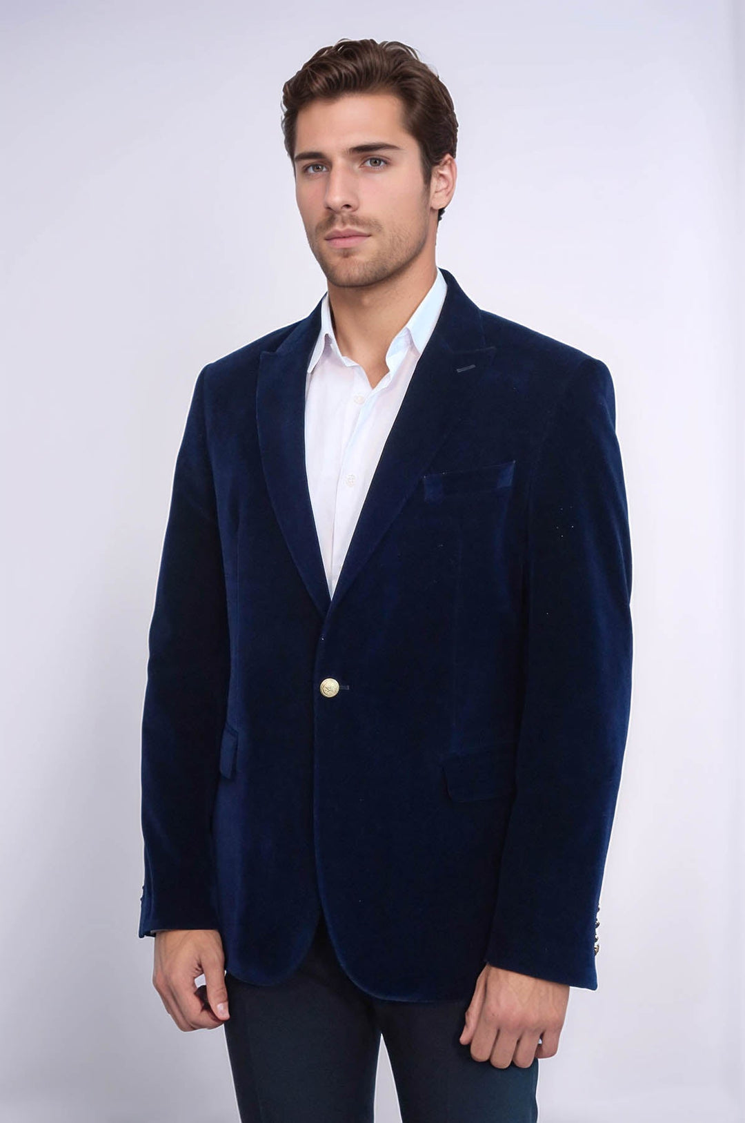 Wide Peak Lapel Velvet Navy Blue Blazer - Wessi