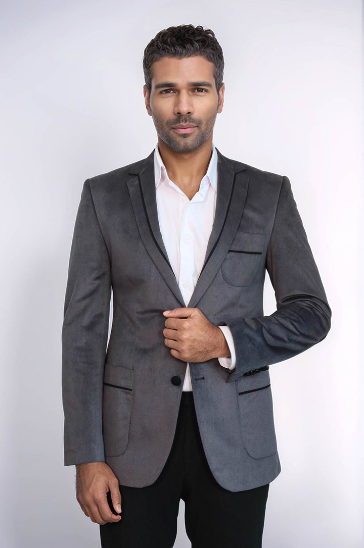 Chaqueta de terciopelo gris con bolsillo tipo bolso y dos botones - Wessi