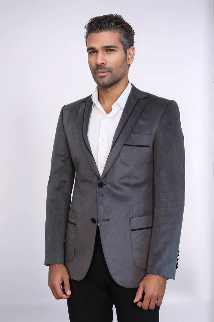 Chaqueta de terciopelo gris con bolsillo tipo bolso y dos botones - Wessi