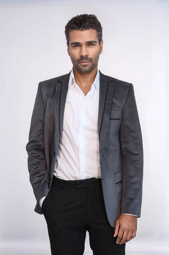 Chaqueta de terciopelo gris con bolsillo tipo bolso y dos botones - Wessi