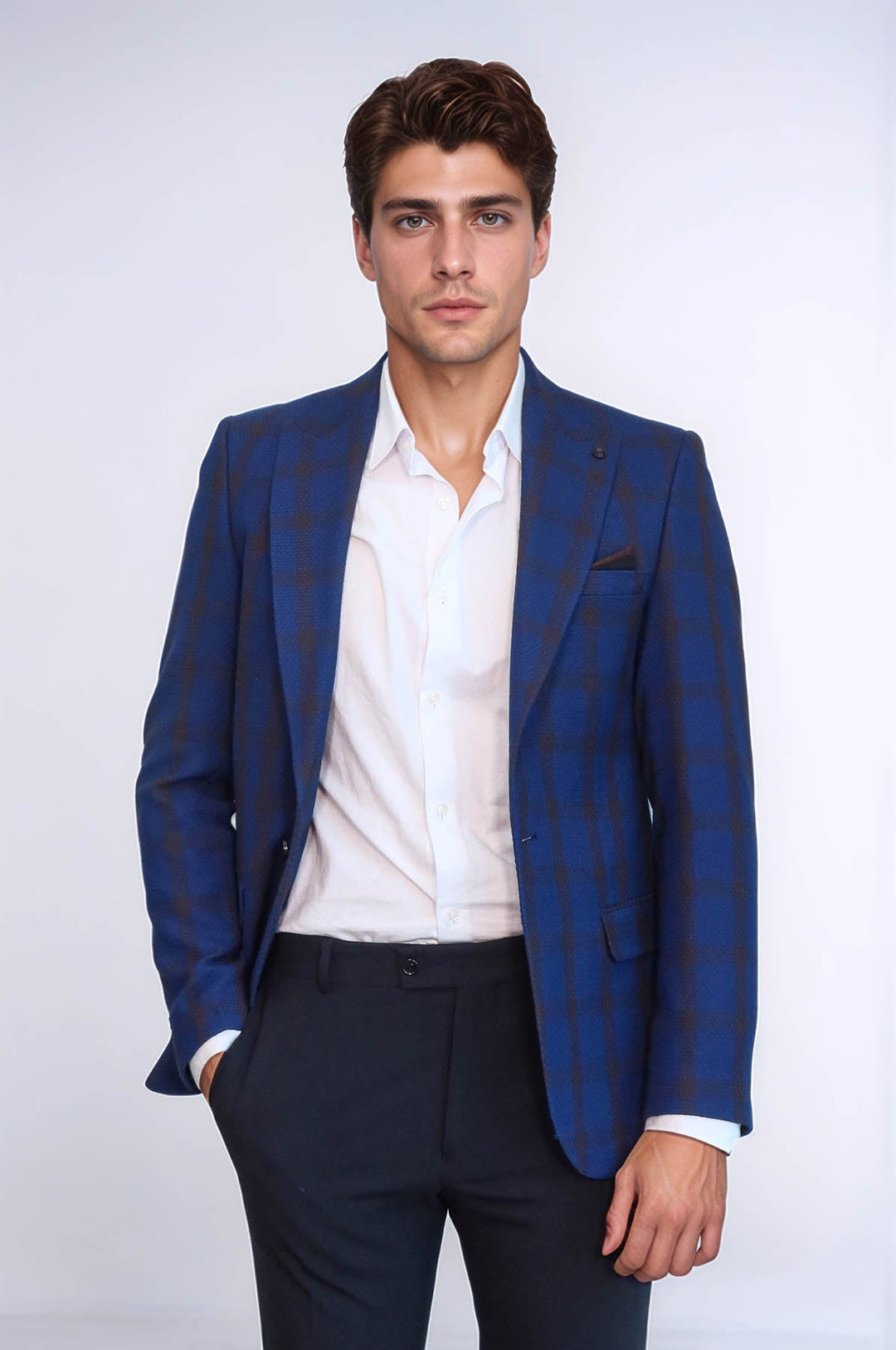 Chaqueta cruzada de cuadros azules con cuello en punta - Wessi