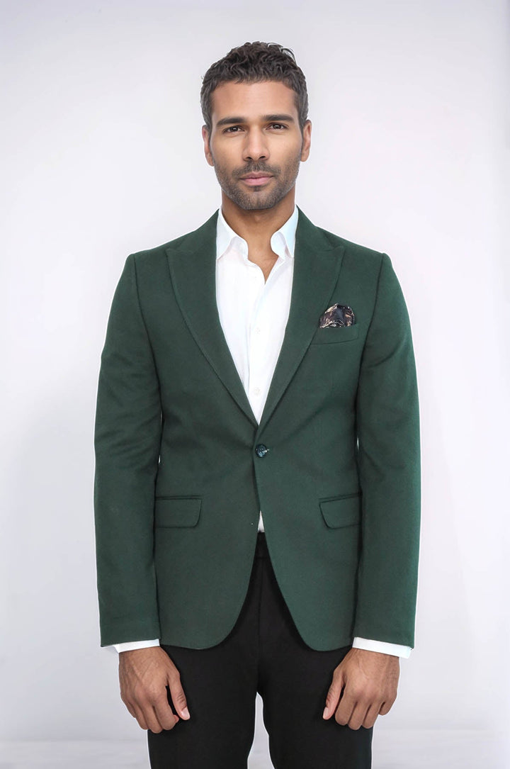 Blazer verde liso con un solo botón y solapa de pico para hombre - Wessi