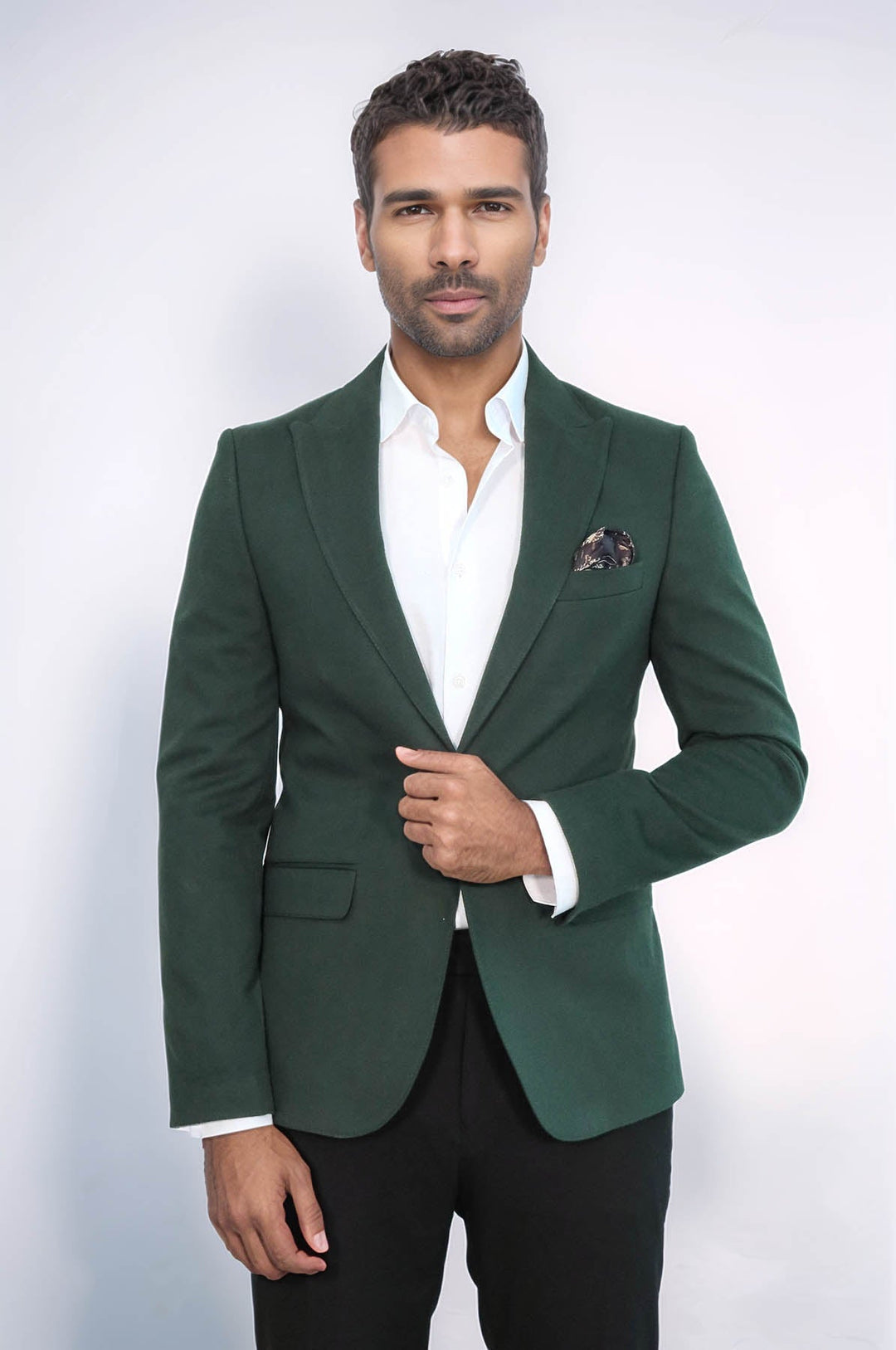 Blazer verde liso con un solo botón y solapa de pico para hombre - Wessi