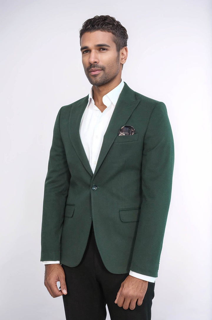 Blazer verde liso con un solo botón y solapa de pico para hombre - Wessi