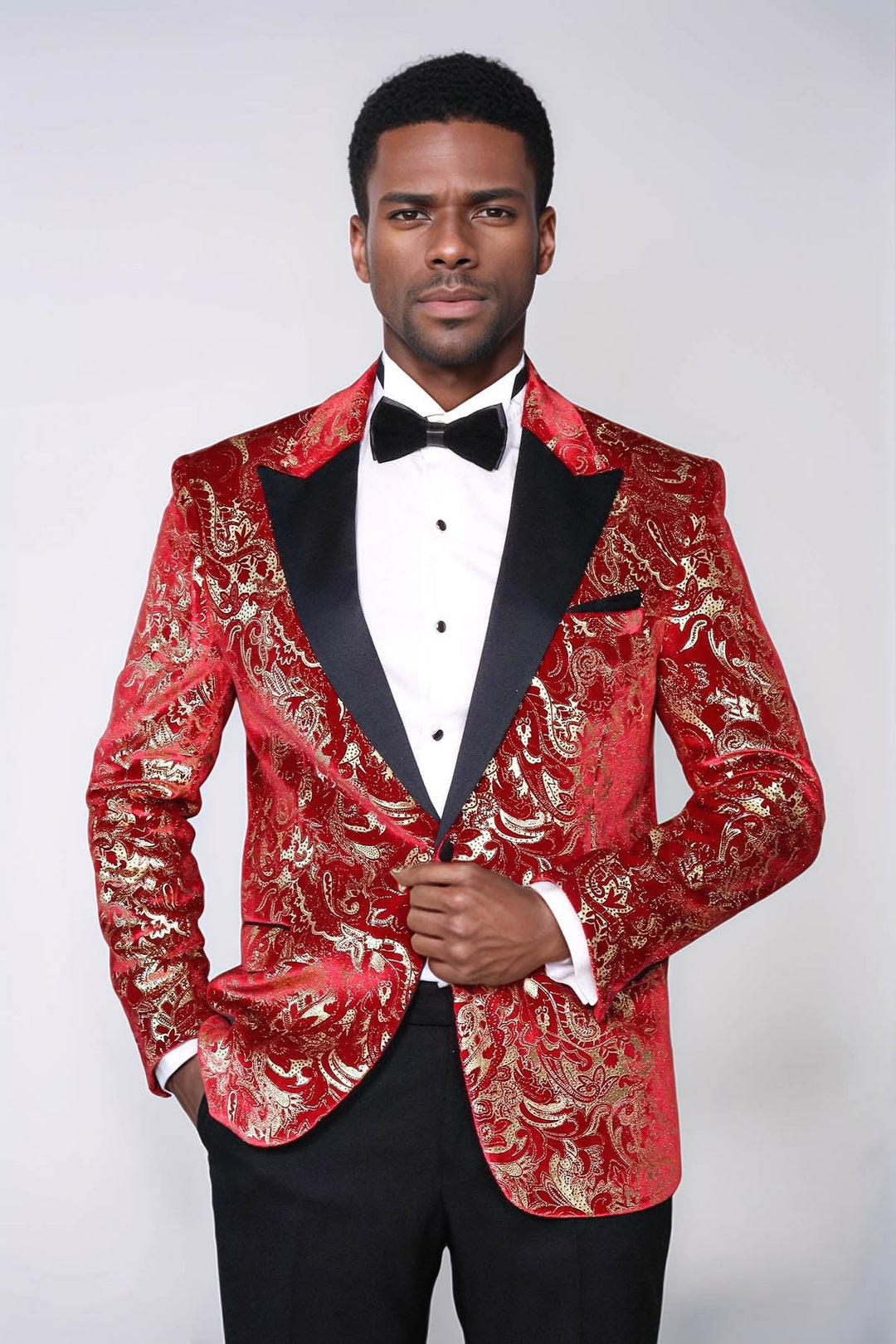Gold Patterned Over Red Men Prom Blazer - Wessi
