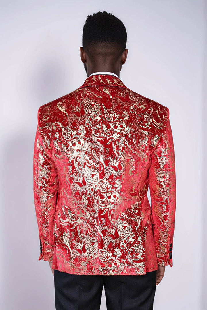 Gold Patterned Over Red Men Prom Blazer - Wessi
