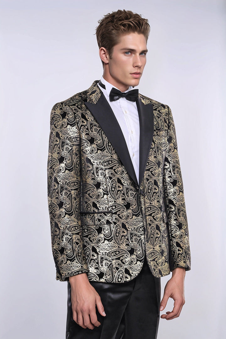 Blazer de esmoquin negro con estampado de cachemira dorada y corte entallado para hombre