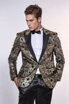Blazer de esmoquin negro con estampado de cachemira dorada y corte entallado para hombre