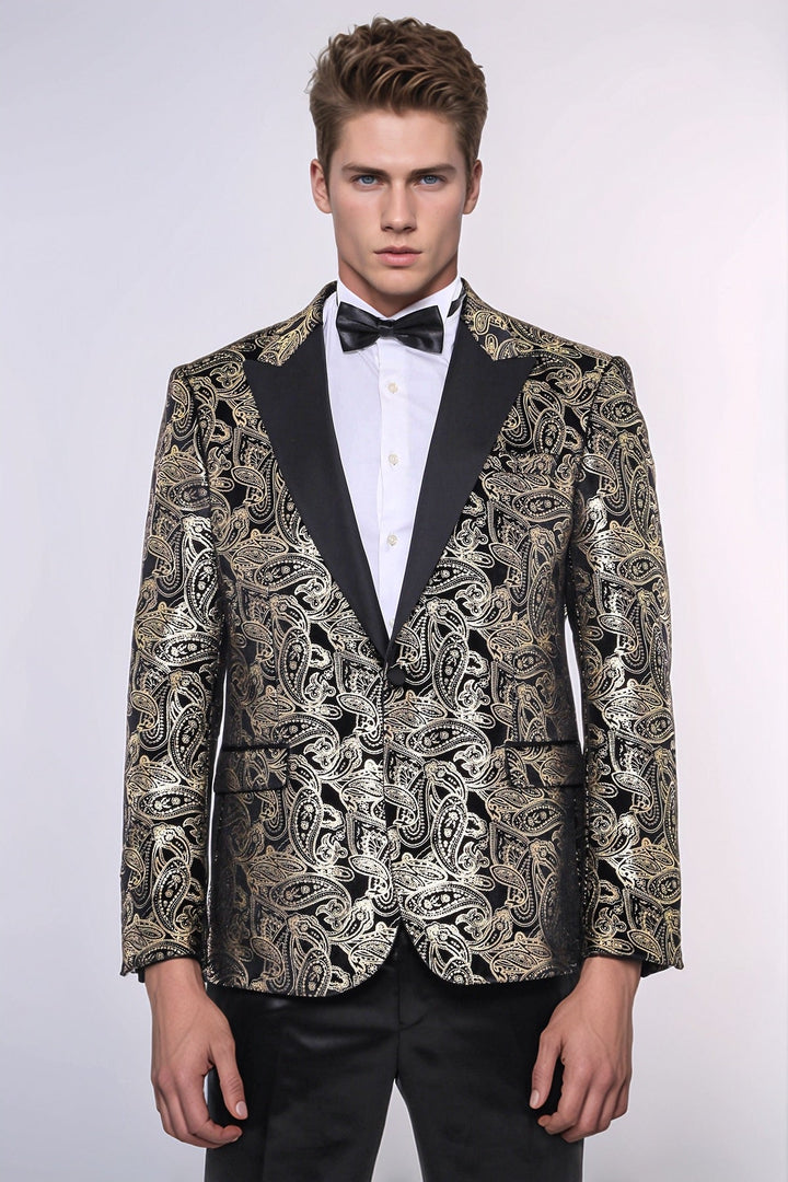 Blazer de esmoquin negro con estampado de cachemira dorada y corte entallado para hombre