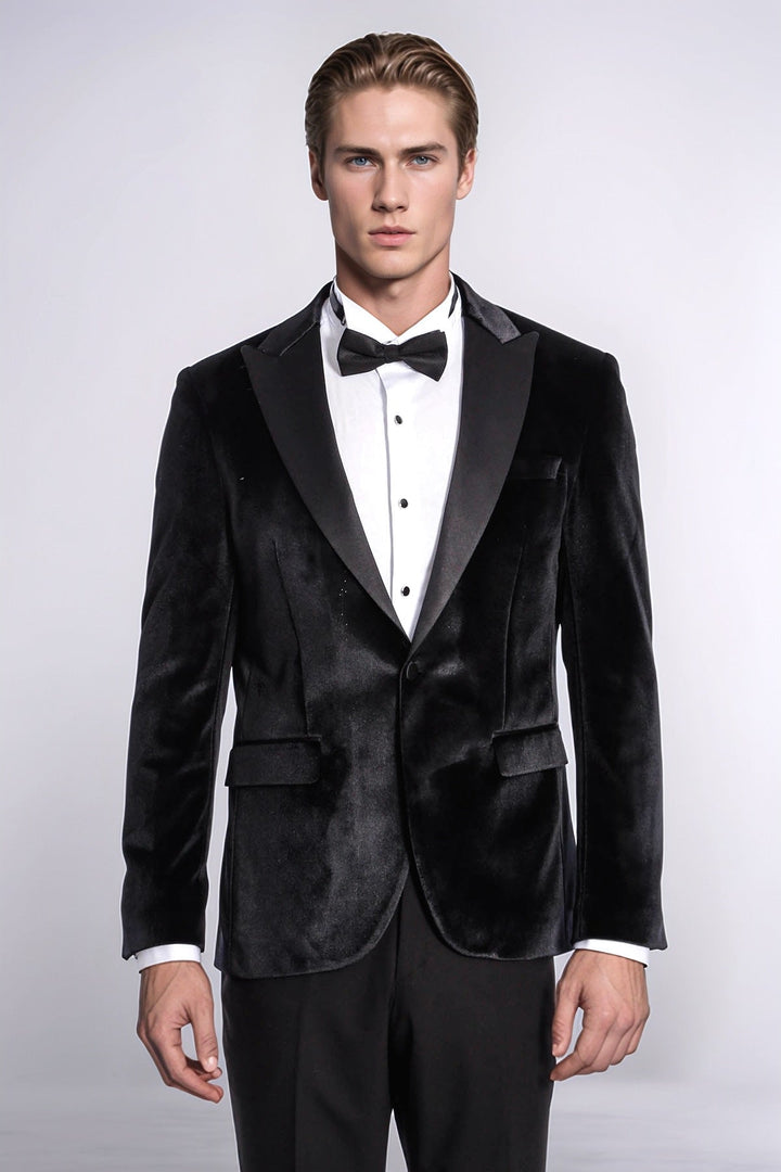 Blazer de terciopelo negro ajustado para hombre para fiesta de graduación - Wessi