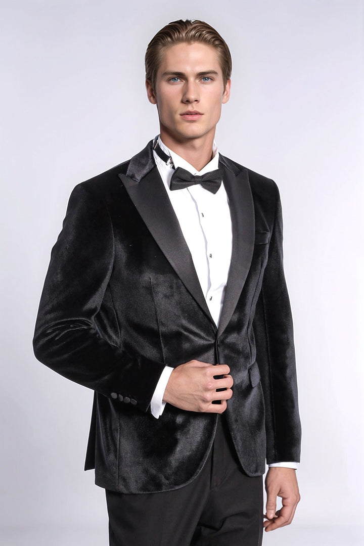 Blazer de terciopelo negro ajustado para hombre para fiesta de graduación - Wessi