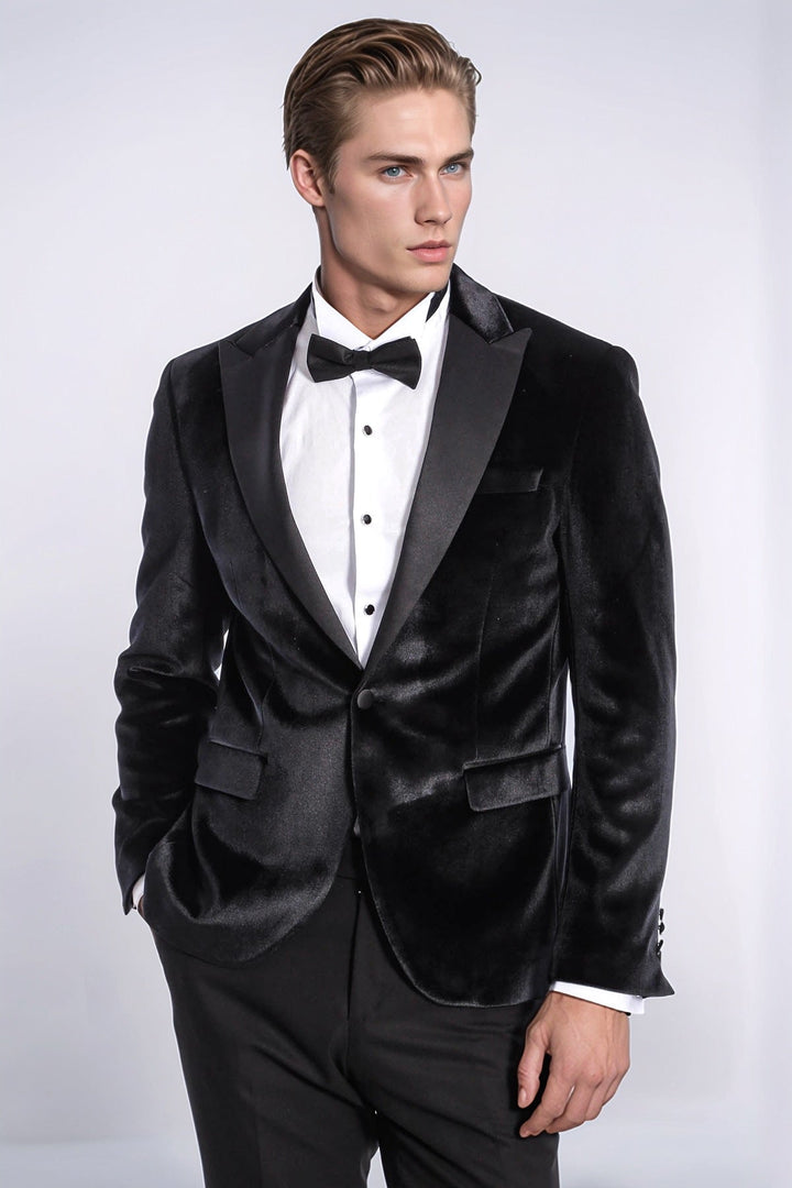 Blazer de terciopelo negro ajustado para hombre para fiesta de graduación - Wessi