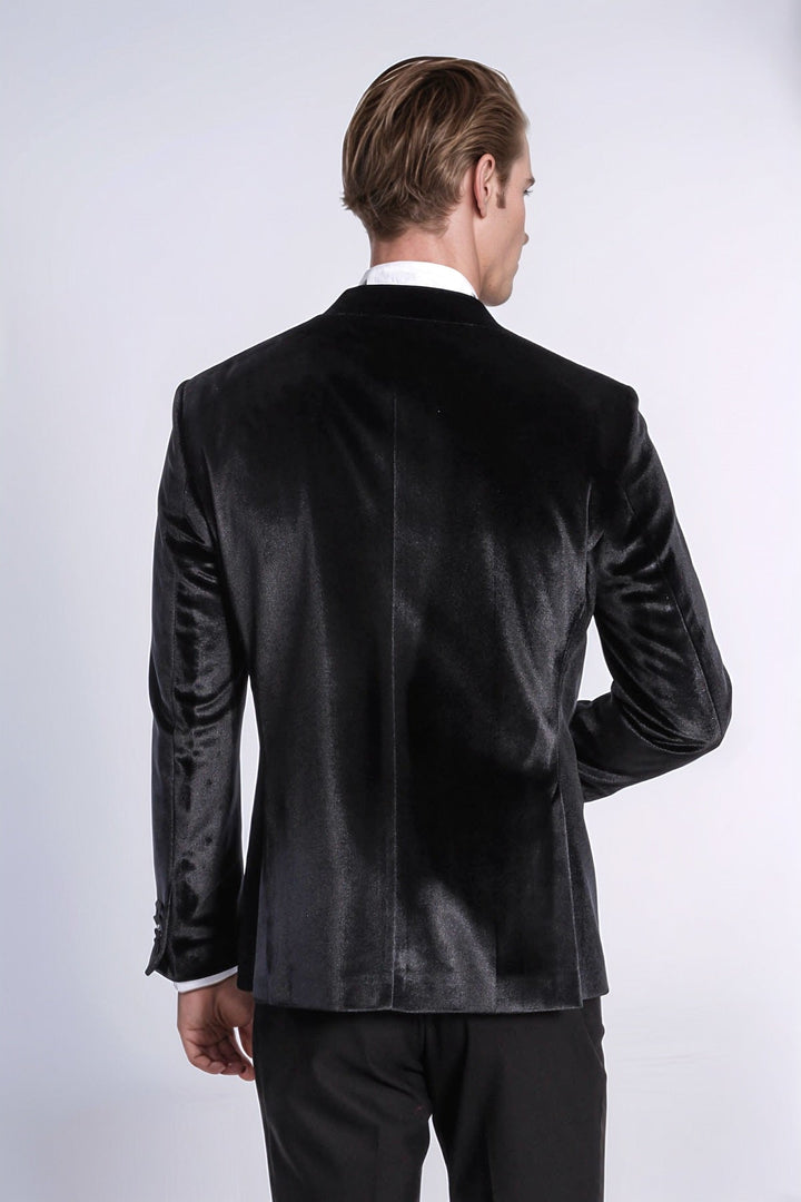 Blazer de terciopelo negro ajustado para hombre para fiesta de graduación - Wessi