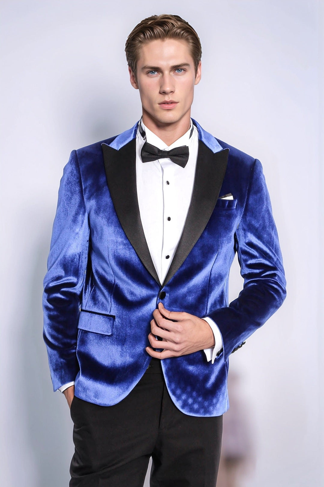Blazer de fiesta ajustado de terciopelo azul marino para hombre - Wessi