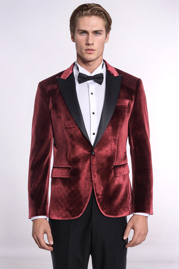 Blazer de terciopelo burdeos ajustado para hombre para fiesta de graduación - Wessi