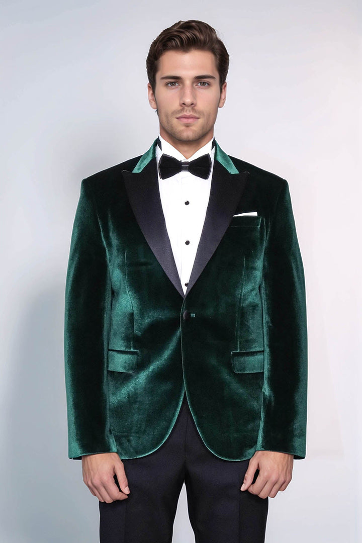 Blazer de fiesta para hombre de terciopelo verde oscuro con solapa en pico y corte entallado