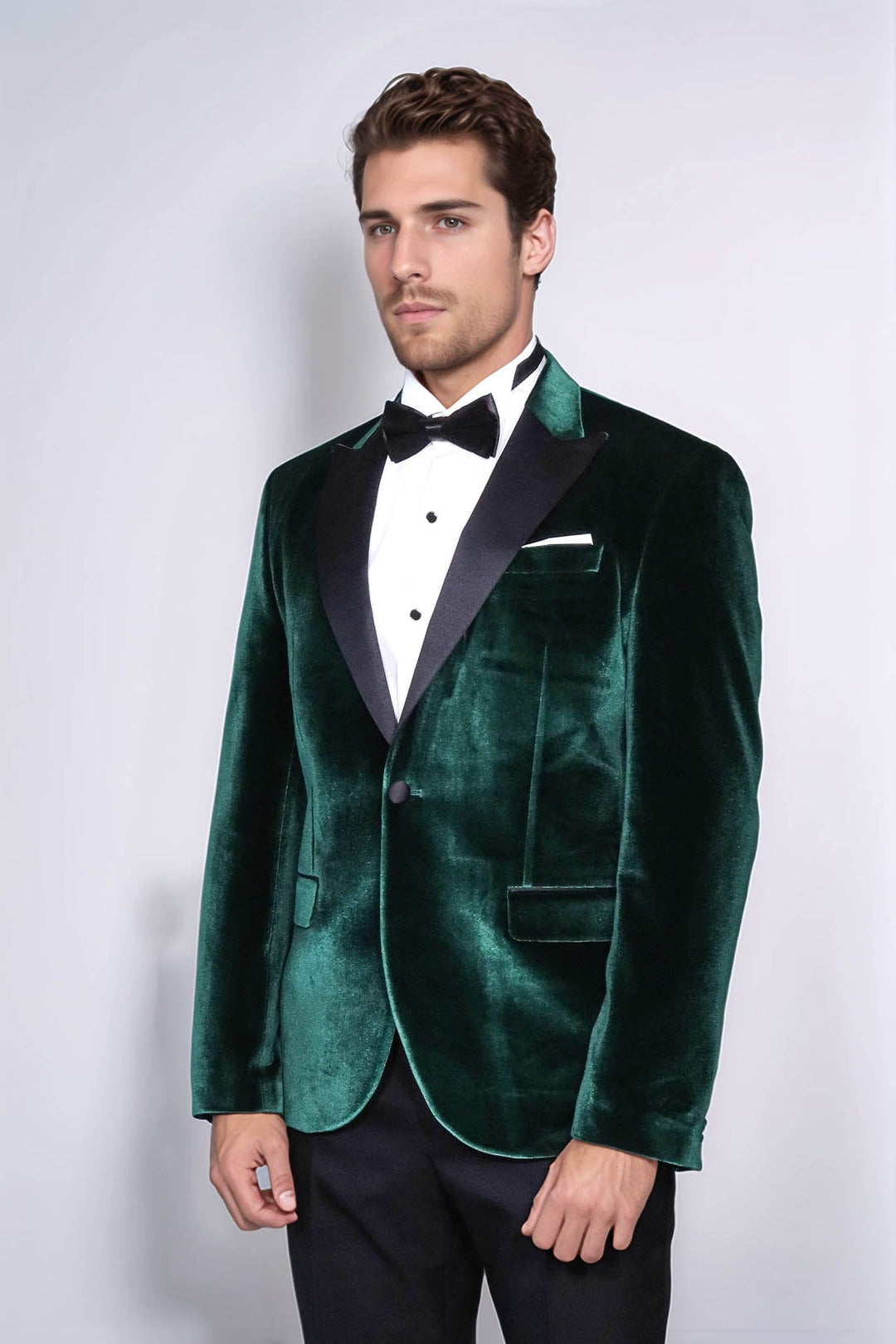 Blazer de fiesta para hombre de terciopelo verde oscuro con solapa en pico y corte entallado