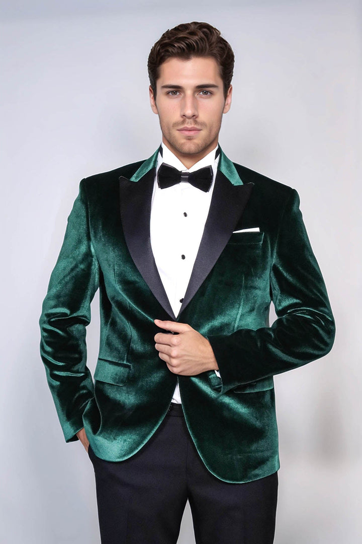 Blazer de fiesta para hombre de terciopelo verde oscuro con solapa en pico y corte entallado