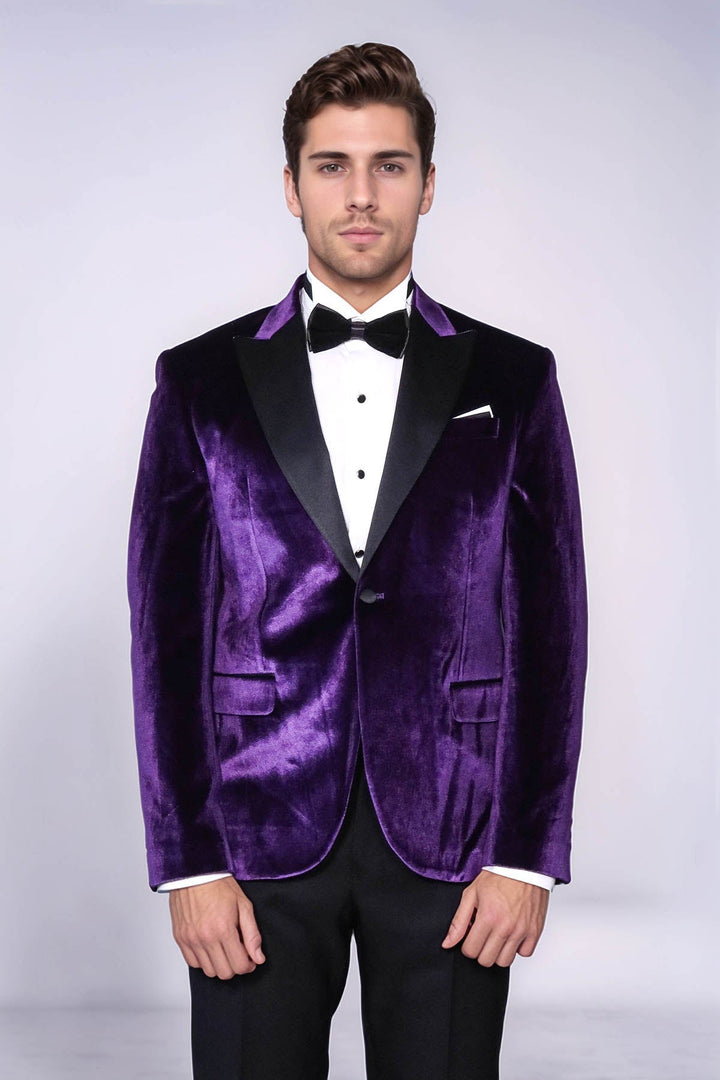 Blazer de terciopelo de corte entallado con un solo botón para hombre, color morado