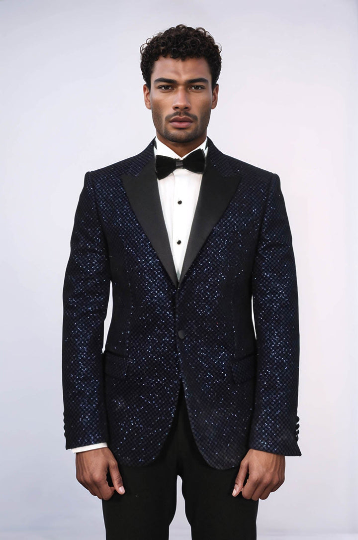 Blazer de fiesta para hombre con estampado negro sobre azul marino - Wessi