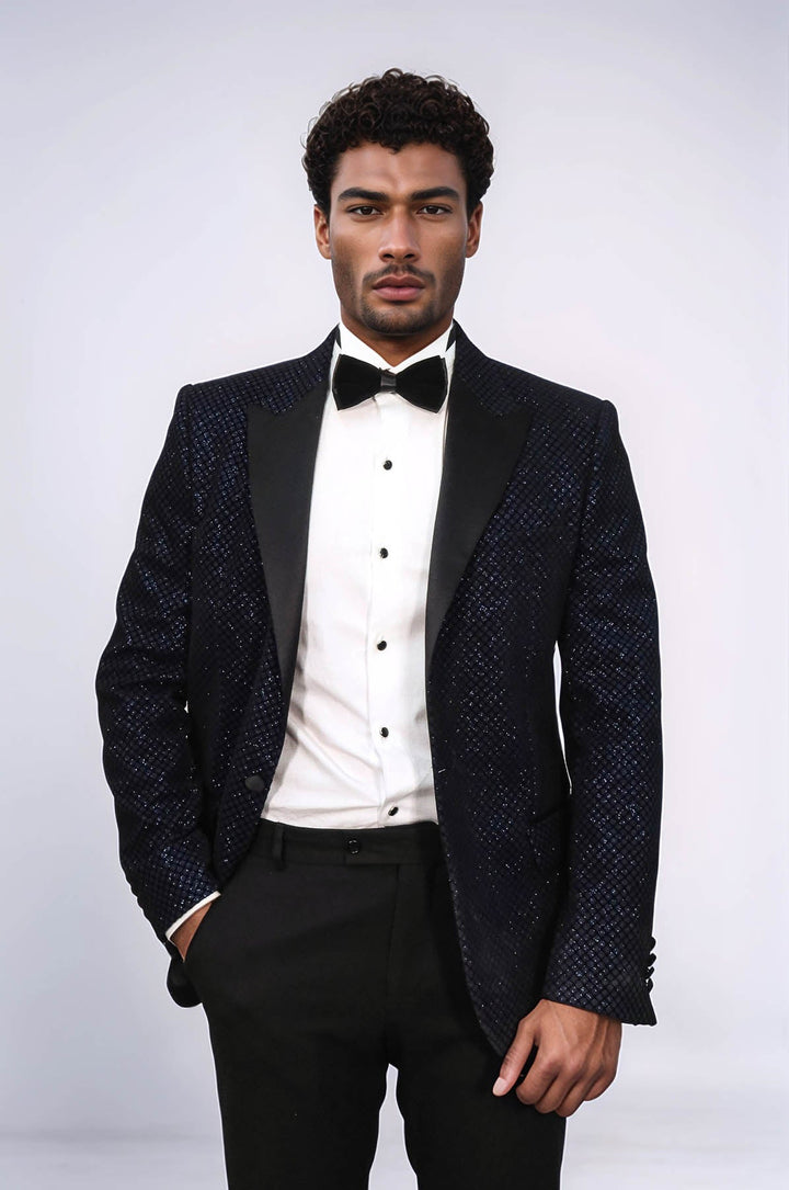 Blazer de fiesta para hombre con estampado negro sobre azul marino - Wessi