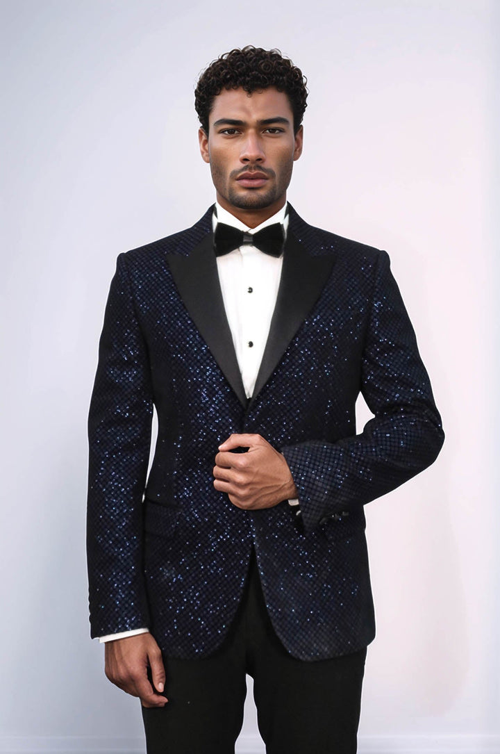Blazer de fiesta para hombre con estampado negro sobre azul marino - Wessi