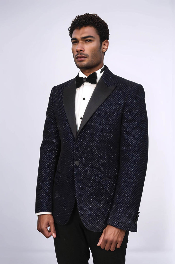 Blazer de fiesta para hombre con estampado negro sobre azul marino - Wessi