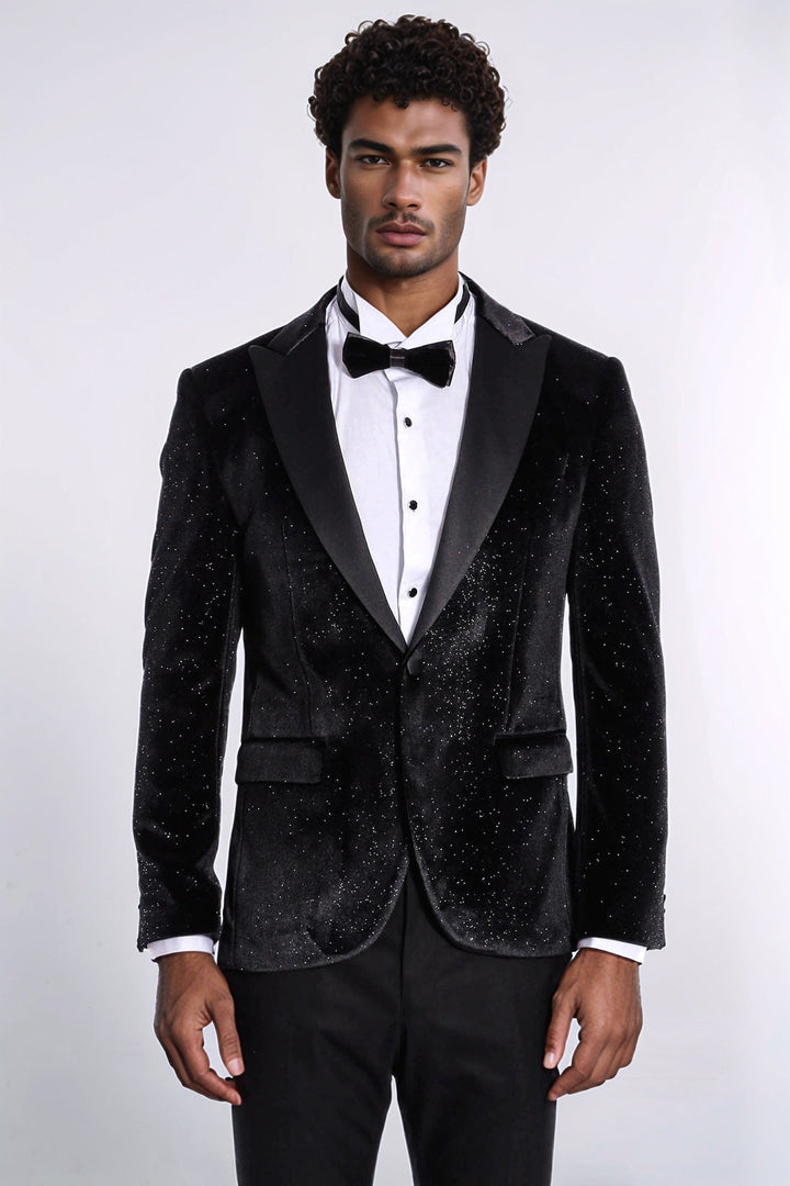 Blazer de fiesta ajustado y brillante de terciopelo negro para hombre - Wessi