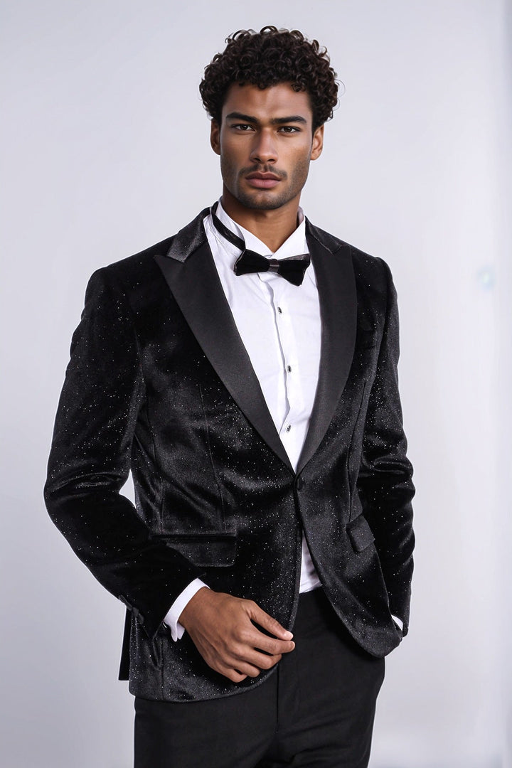Blazer de fiesta ajustado y brillante de terciopelo negro para hombre - Wessi