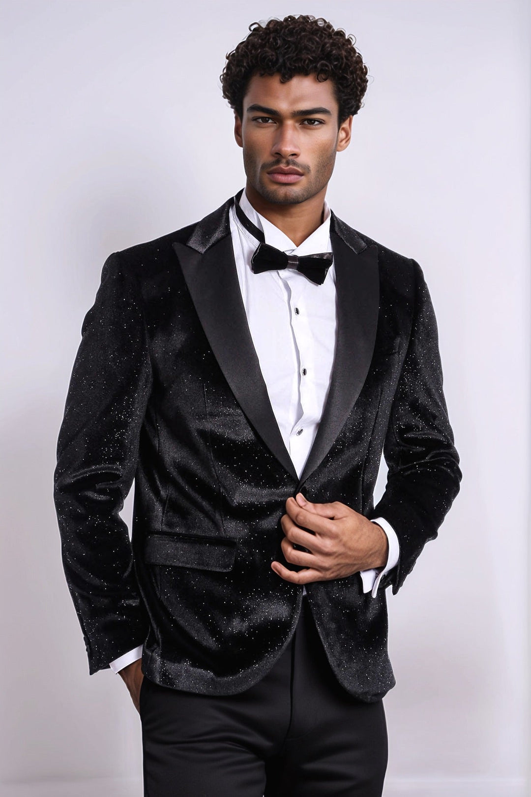 Blazer de fiesta ajustado y brillante de terciopelo negro para hombre - Wessi