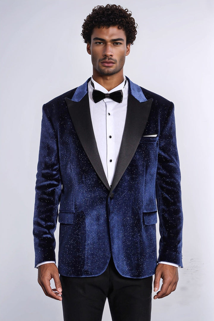 Blazer de fiesta para hombre de terciopelo azul marino ajustado y brillante - Wessi