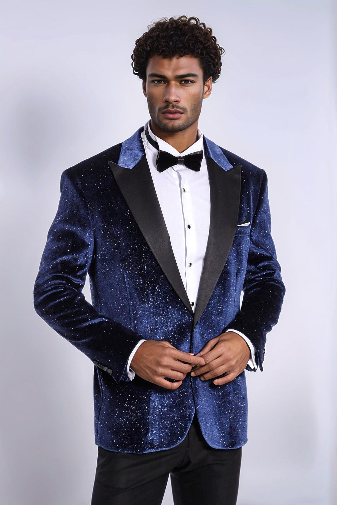 Blazer de fiesta para hombre de terciopelo azul marino ajustado y brillante - Wessi
