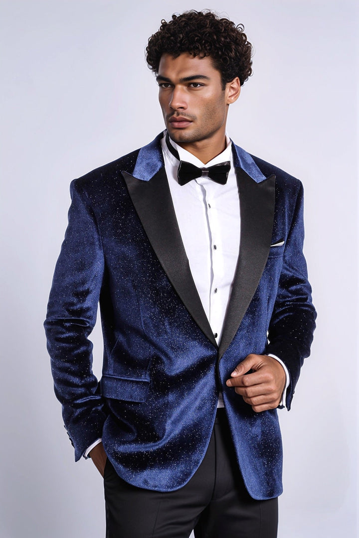 Blazer de fiesta para hombre de terciopelo azul marino ajustado y brillante - Wessi