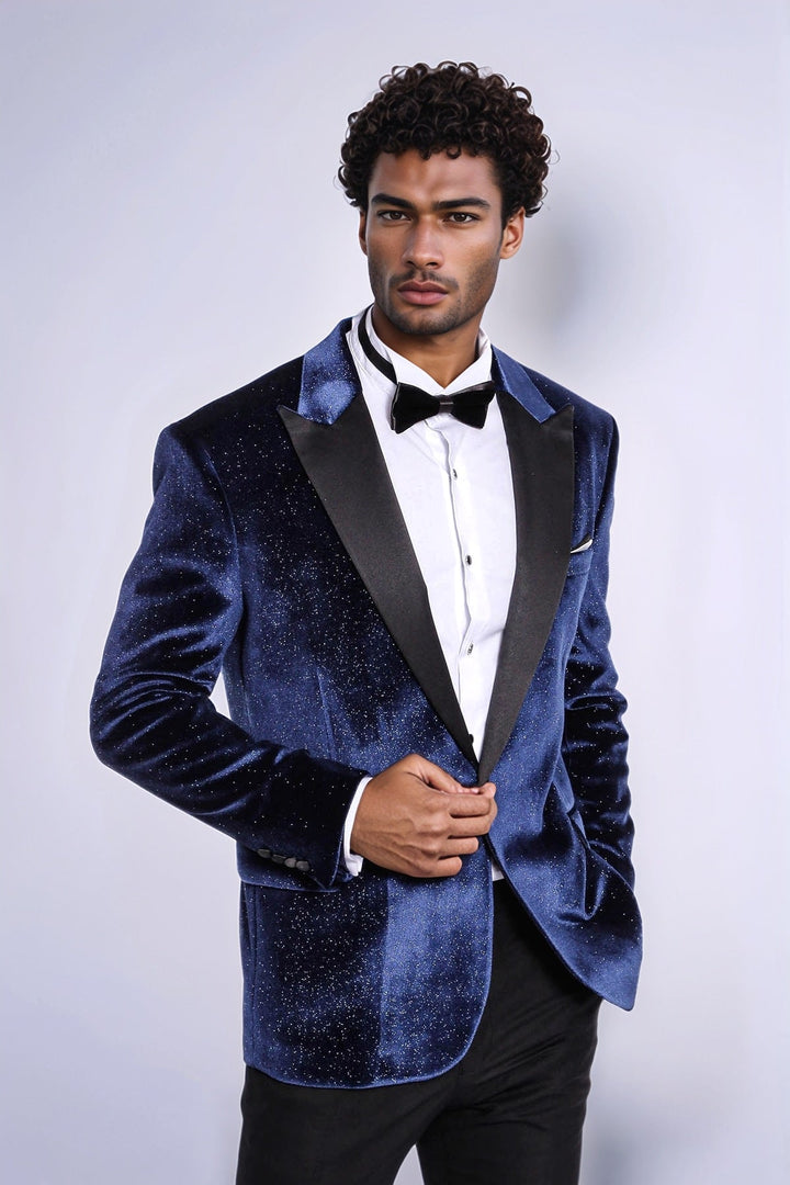 Blazer de fiesta para hombre de terciopelo azul marino ajustado y brillante - Wessi