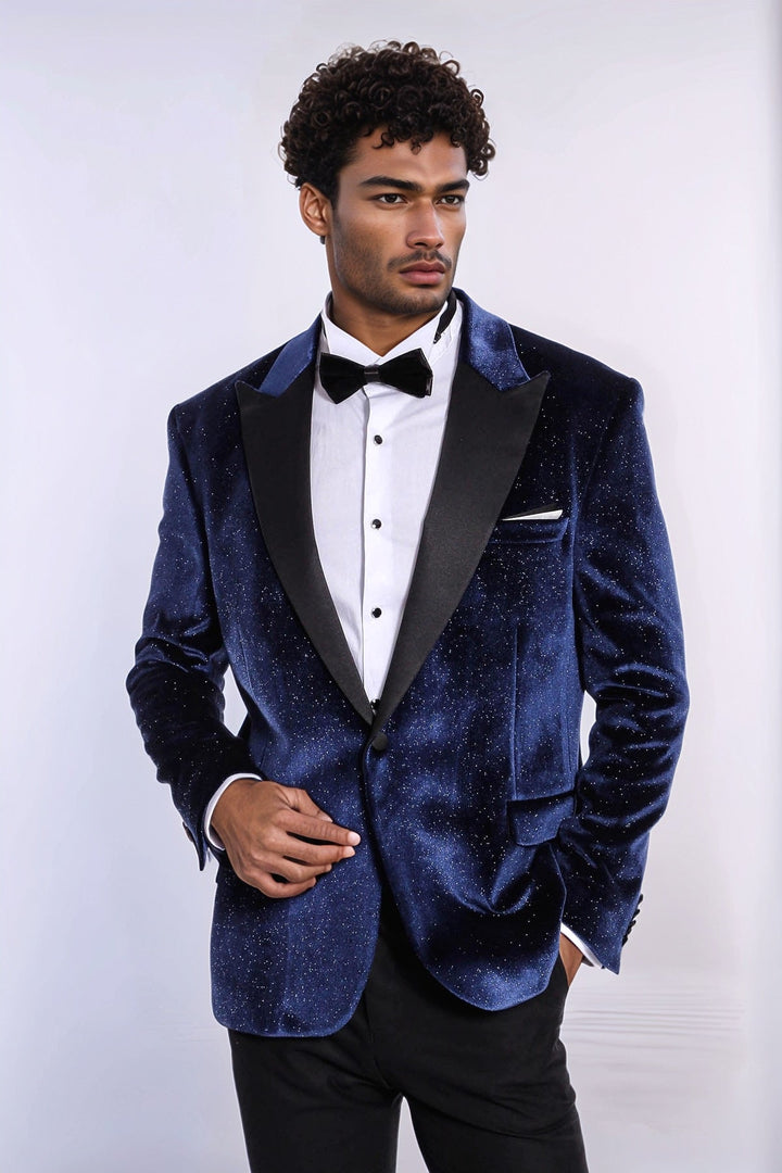 Blazer de fiesta para hombre de terciopelo azul marino ajustado y brillante - Wessi