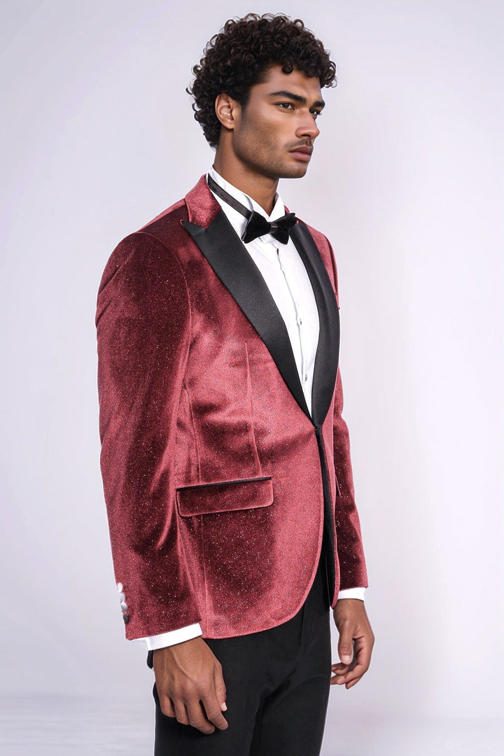 Blazer de fiesta para hombre de terciopelo burdeos ajustado y brillante - Wessi