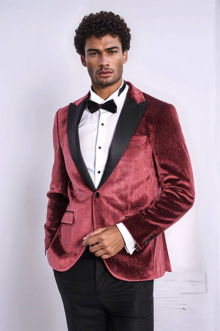 Blazer de fiesta para hombre de terciopelo burdeos ajustado y brillante - Wessi