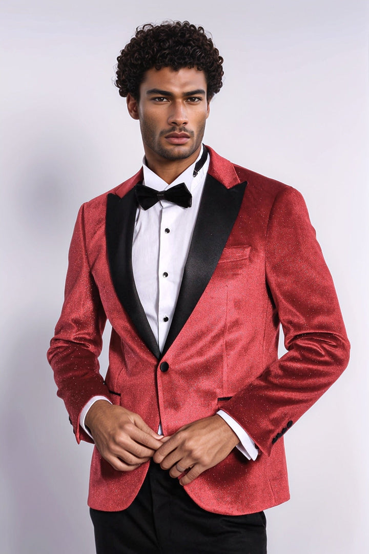 Sparkle Slim Fit Velvet Red Men Prom Blazer - Wessi