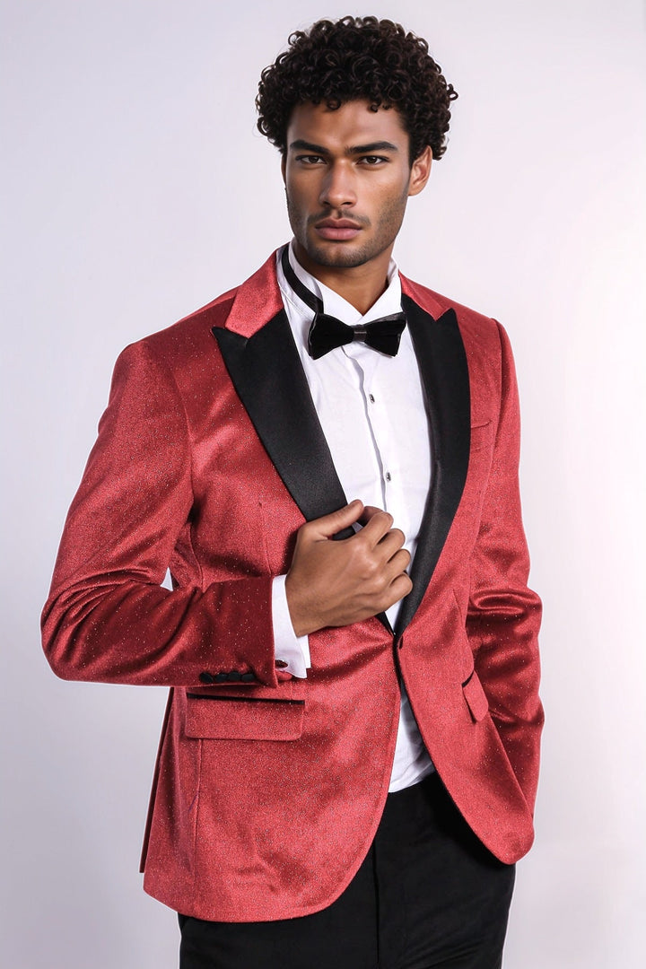 Sparkle Slim Fit Velvet Red Men Prom Blazer - Wessi