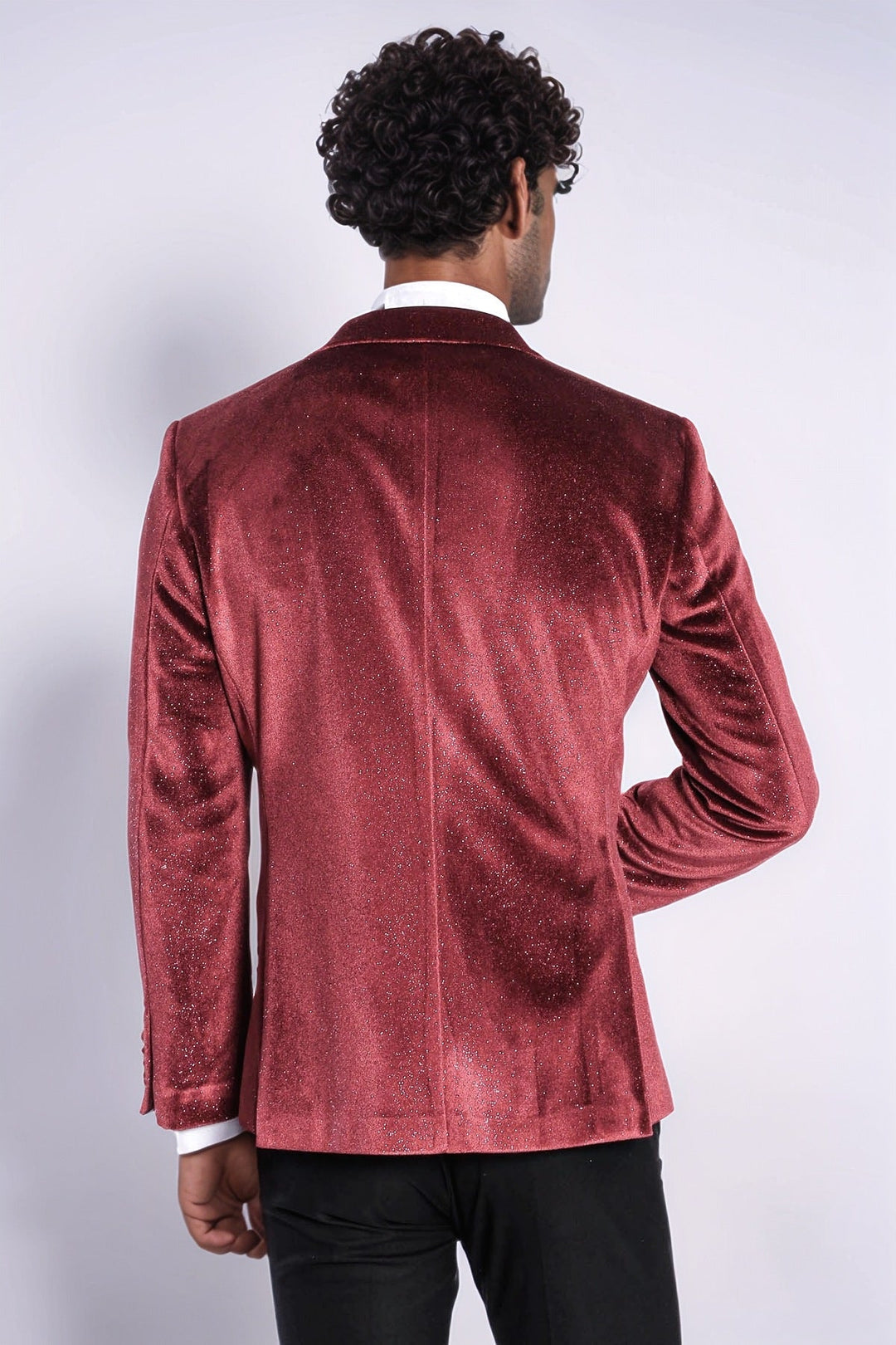 Blazer de fiesta para hombre de terciopelo burdeos ajustado y brillante - Wessi