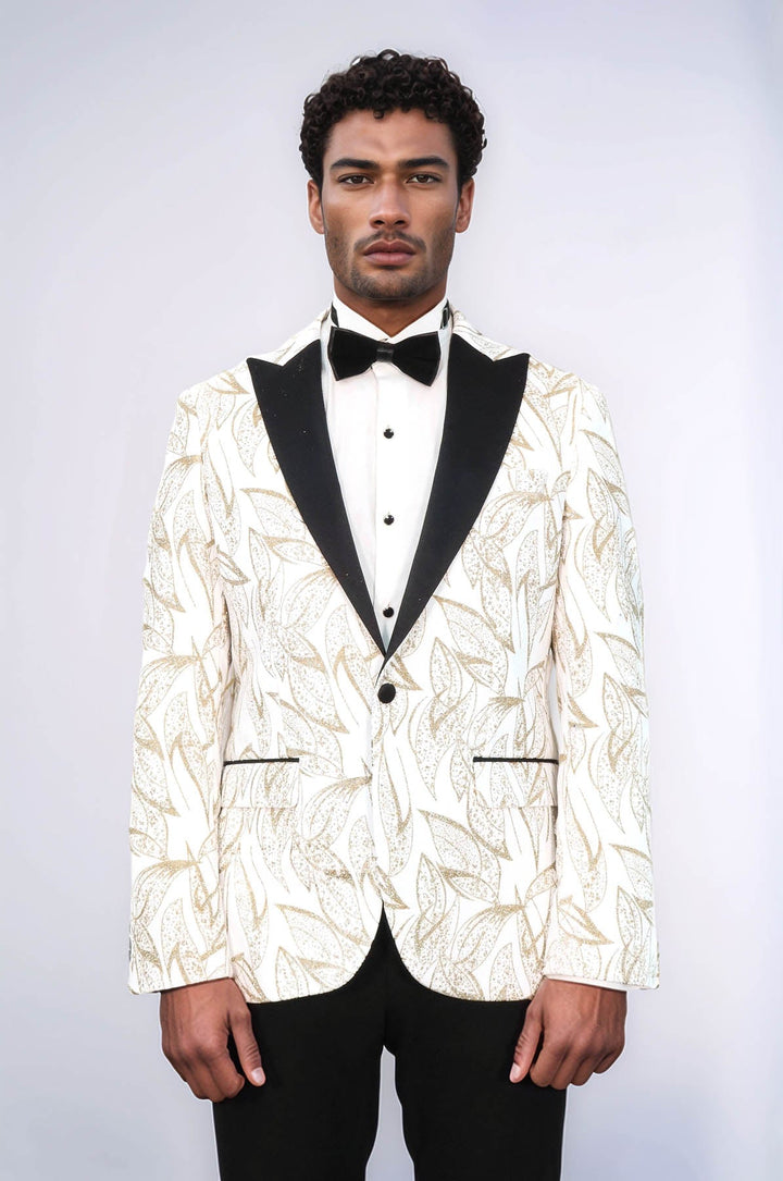 Glittery Slim Fit White Men Prom Blazer - Wessi