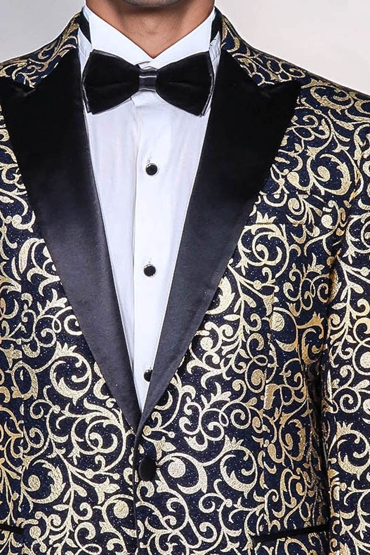 Lacivert Erkek Prom Blazer - Wessi Altın Desenli