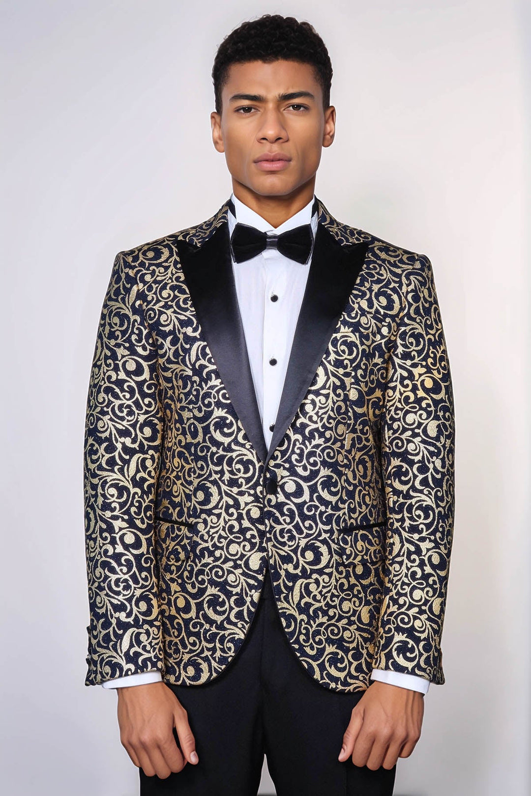 Lacivert Erkek Prom Blazer - Wessi Altın Desenli