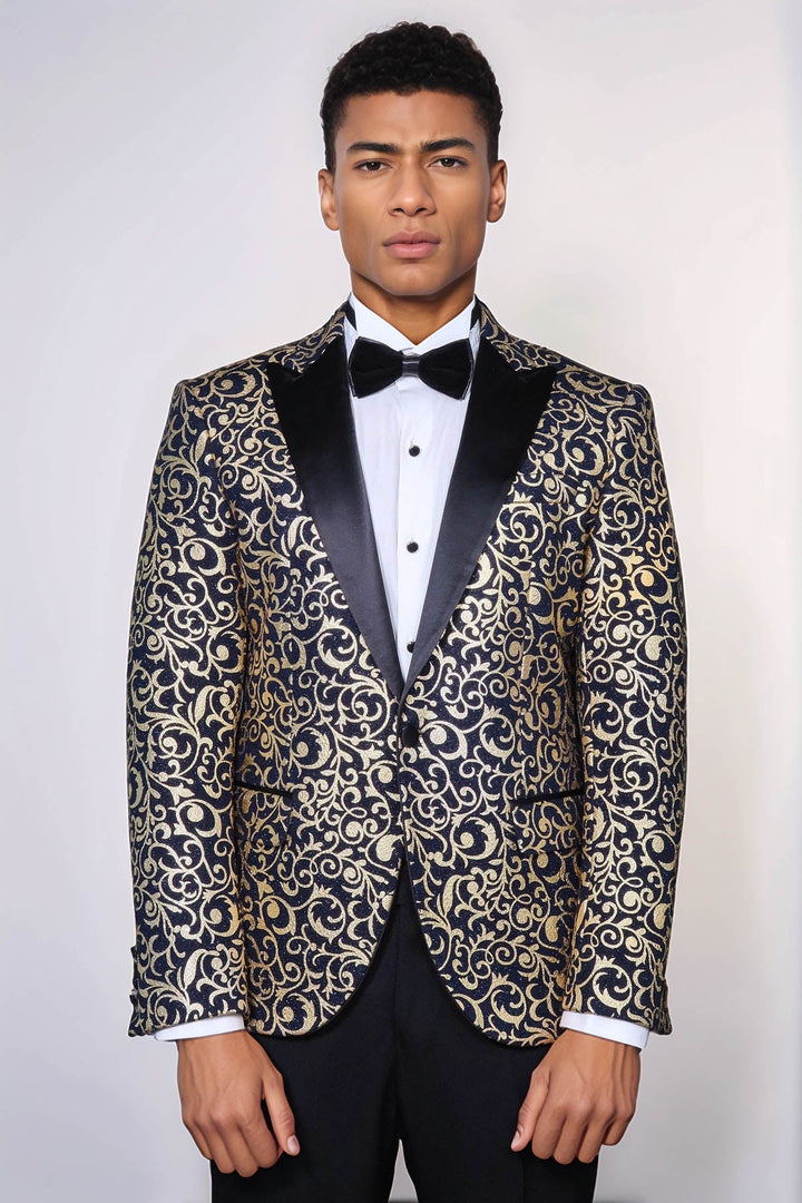 Lacivert Erkek Prom Blazer - Wessi Altın Desenli