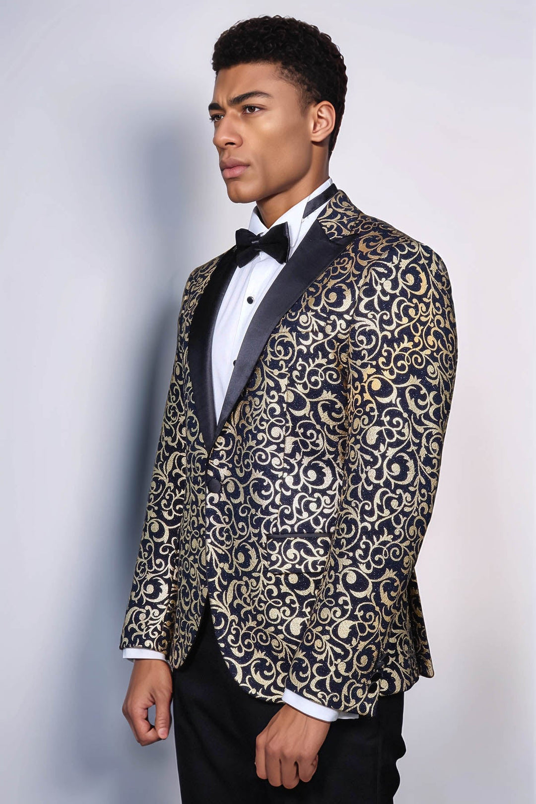 Lacivert Erkek Prom Blazer - Wessi Altın Desenli
