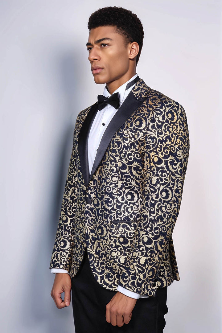 Lacivert Erkek Prom Blazer - Wessi Altın Desenli