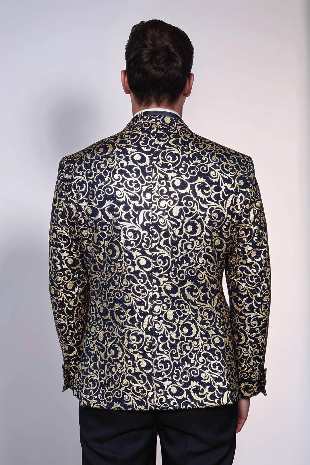 Lacivert Erkek Prom Blazer - Wessi Altın Desenli