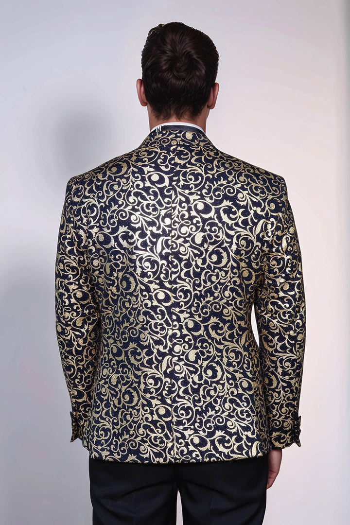 Lacivert Erkek Prom Blazer - Wessi Altın Desenli