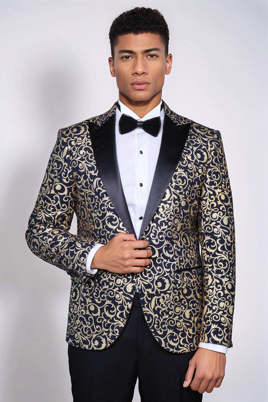 Lacivert Erkek Prom Blazer - Wessi Altın Desenli