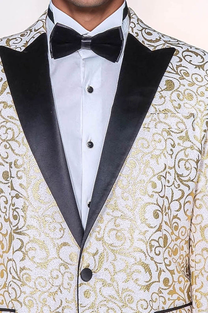 Beyaz Erkek Prom Blazer - Wessi Üzerinde Altın Parşömen Deseni